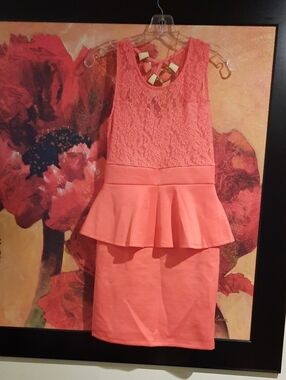 love J Coral Lace Peplum Backless Bodycon Dress Knee Length 33" Bust 32"-37"